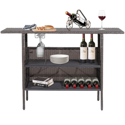 Outdoor Wicker Bar Table with 2 Metal Mesh Shelves