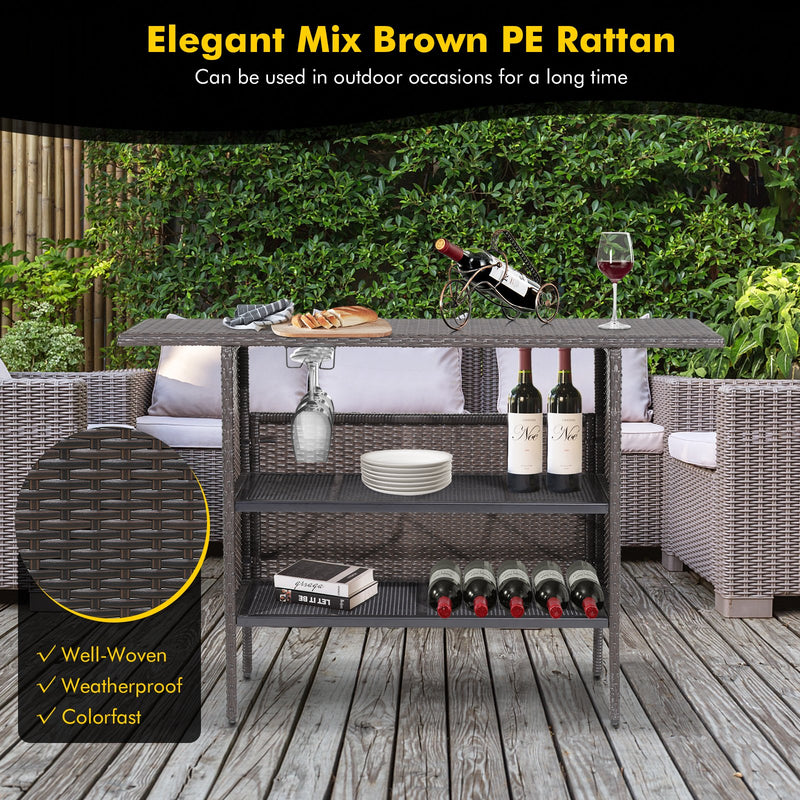 Outdoor Wicker Bar Table with 2 Metal Mesh Shelves