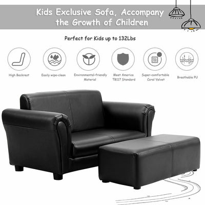 Black/White Kids Double Sofa with Ottoman-Black