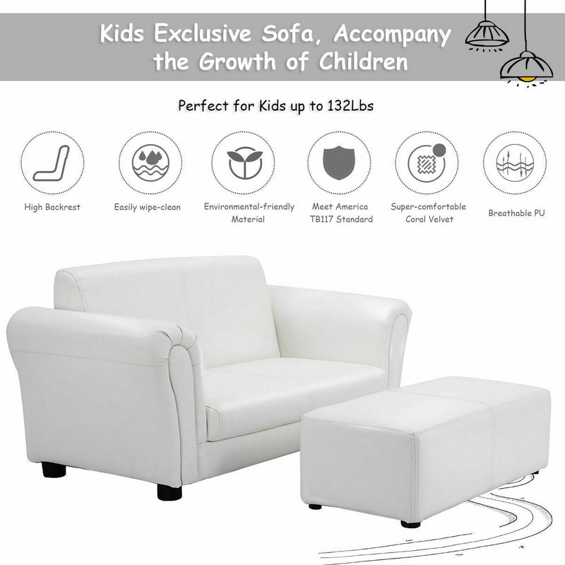 Soft Kids Double Sofa with Ottoman-White