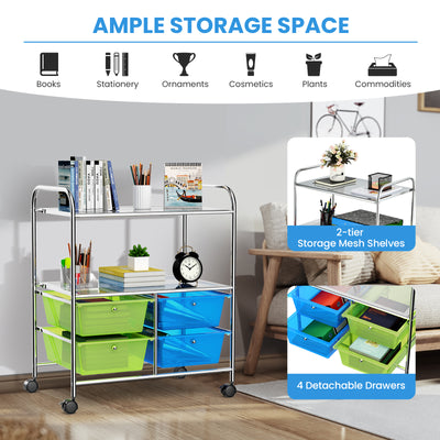 4 Drawers Shelves Rolling Storage Cart Rack-Blue & Green