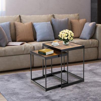 Set of 2 Modern Nesting End Tables with Metal Legs for Living Room-Rustic Brown