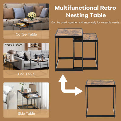 Set of 2 Modern Nesting End Tables with Metal Legs for Living Room-Rustic Brown