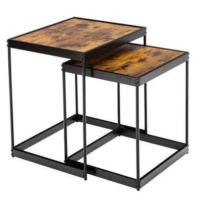 Set of 2 Modern Nesting End Tables with Metal Legs for Living Room-Rustic Brown