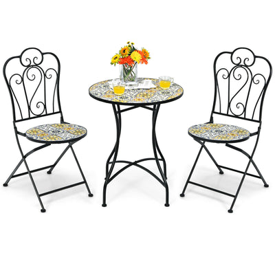 3 Pieces Patio Bistro Mosaic Design Set with Folding Chairs and Round Table