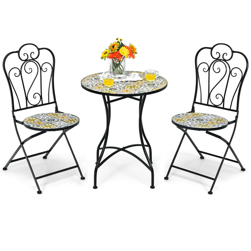 3 Pieces Patio Bistro Mosaic Design Set with Folding Chairs and Round Table