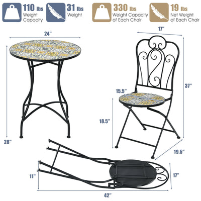 3 Pieces Patio Bistro Mosaic Design Set with Folding Chairs and Round Table