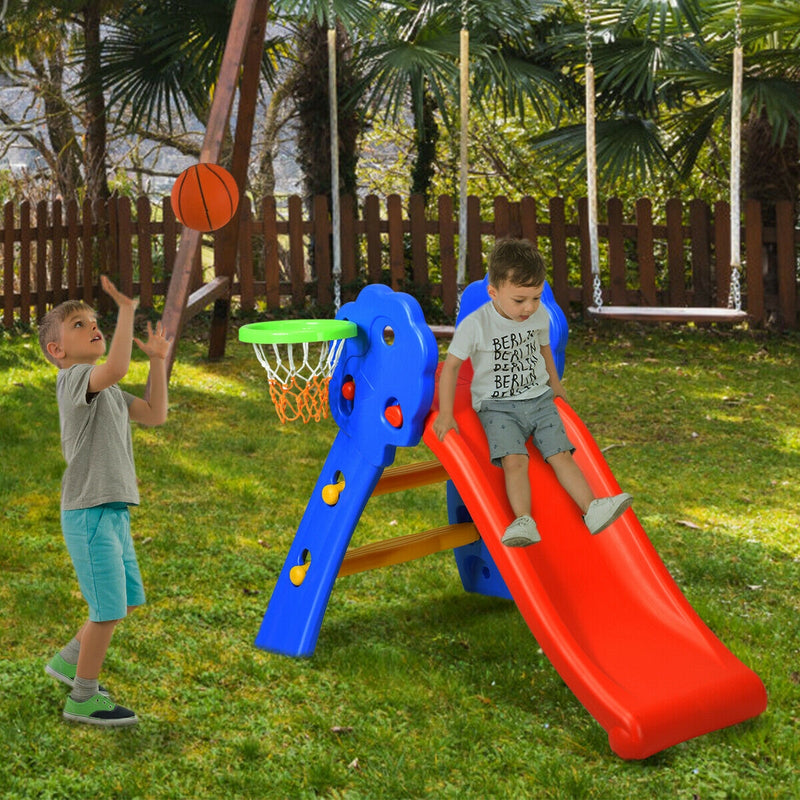 2 Step Indoors Kids Plastic Folding Slide with Basketball Hoop