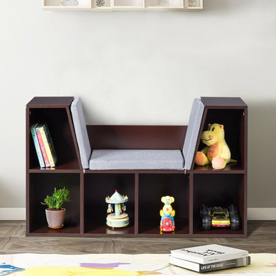 6-Cubby Kid Storage Bookcase Cushioned Reading Nook-Brown