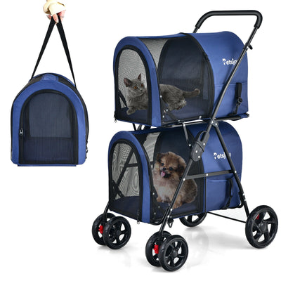 4-in-1 Double Pet Stroller with Detachable Carrier and Travel Carriage-Blue