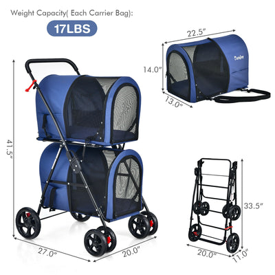 4-in-1 Double Pet Stroller with Detachable Carrier and Travel Carriage-Blue