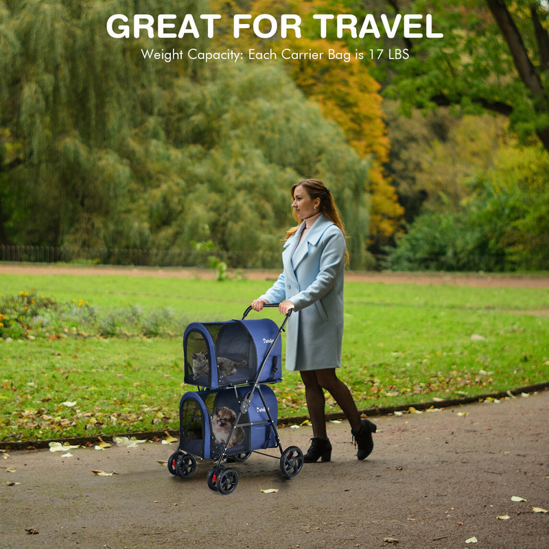 4-in-1 Double Pet Stroller with Detachable Carrier and Travel Carriage-Blue