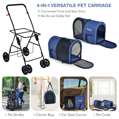 4-in-1 Double Pet Stroller with Detachable Carrier and Travel Carriage-Blue