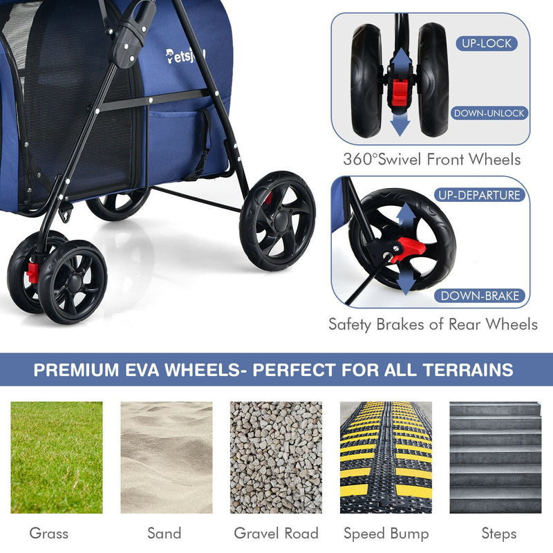 4-in-1 Double Pet Stroller with Detachable Carrier and Travel Carriage-Blue