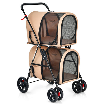 4-in-1 Double Pet Stroller with Detachable Carrier and Travel Carriage-Beige