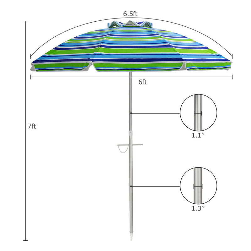 6.5 Feet Beach Umbrella with Sun Shade and Carry Bag without Weight Base-Green