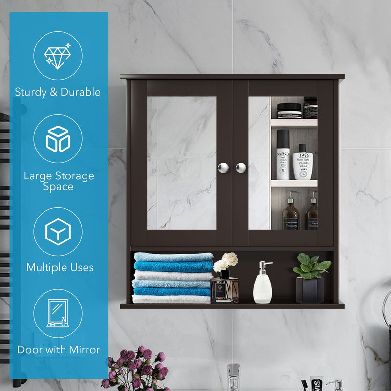 Bathroom Wall Mount Mirror Cabinet Organizer-Brown