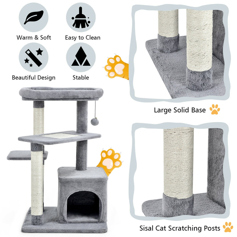 Cat Tree with Perch and Hanging Ball for Indoor Activity Play and Rest-Gray