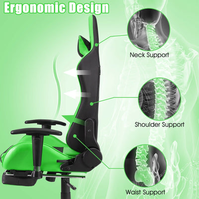 PU Leather Gaming Chair with USB Massage Lumbar Pillow and Footrest -Green