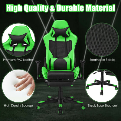 PU Leather Gaming Chair with USB Massage Lumbar Pillow and Footrest -Green