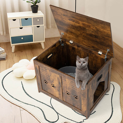 Flip-Top Hidden Cat Washroom Bench with Side Entrance-Brown