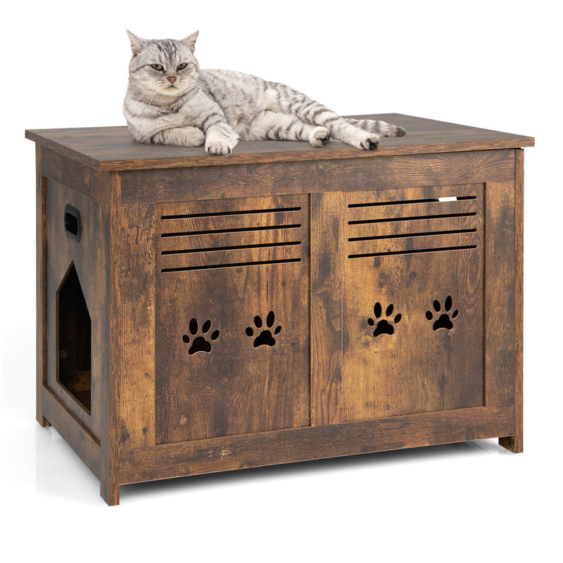 Flip-Top Hidden Cat Washroom Bench with Side Entrance-Brown