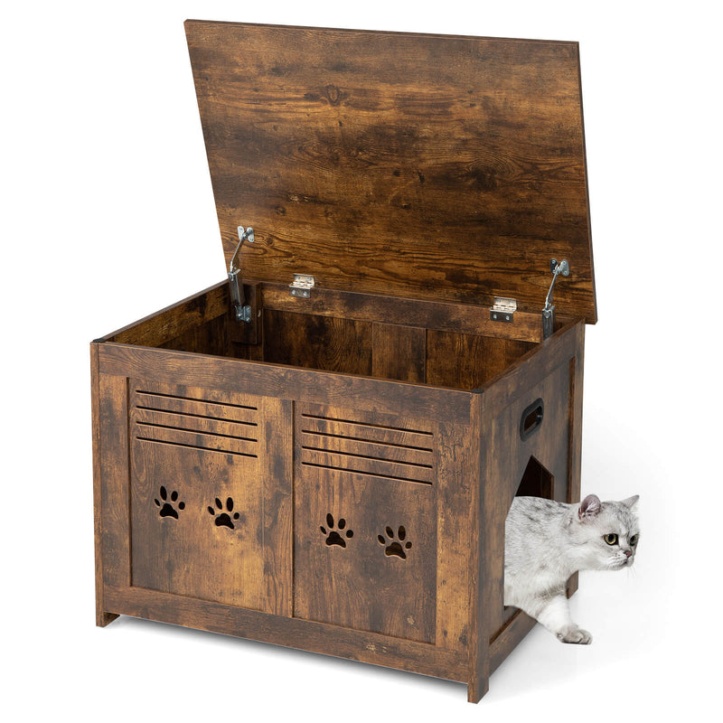 Flip-Top Hidden Cat Washroom Bench with Side Entrance-Brown