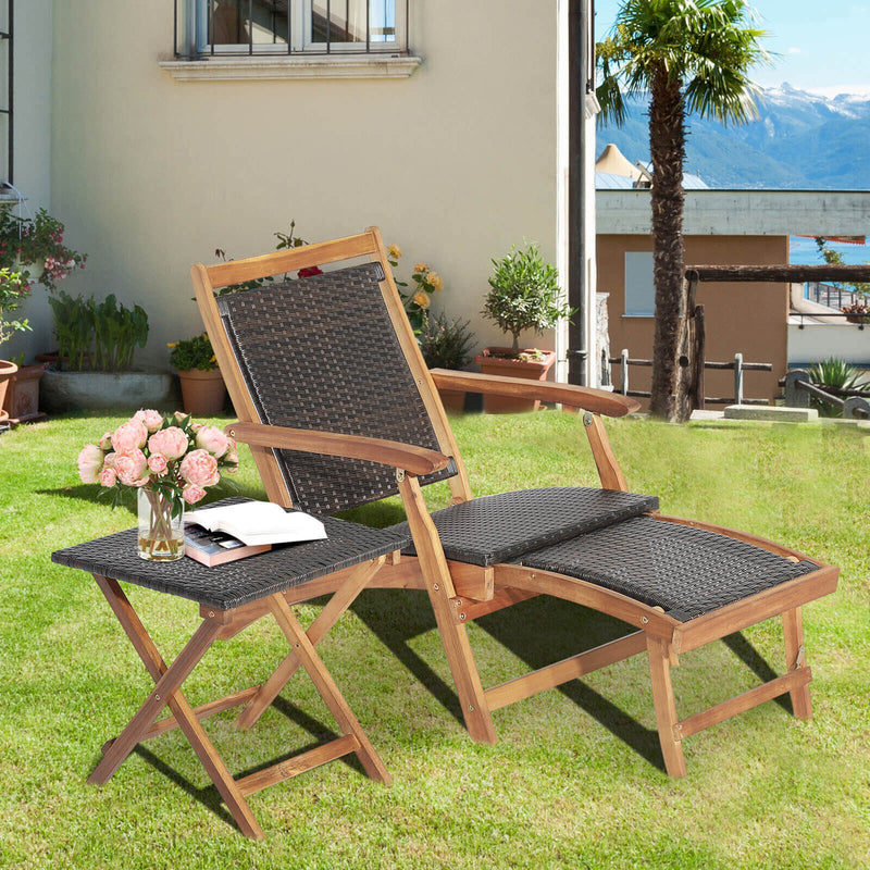 2 Pieces Patio Rattan Folding Lounge Chair with Acacia Wood Table