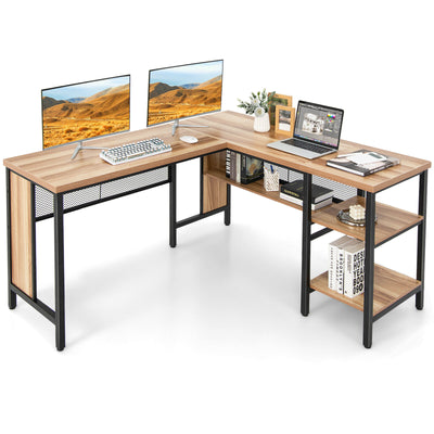 Industrial L-Shaped Corner Computer Desk Office Workstation with Storage Shelves-Natural