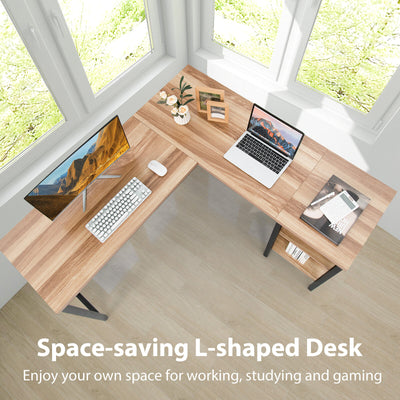 Industrial L-Shaped Corner Computer Desk Office Workstation with Storage Shelves-Natural