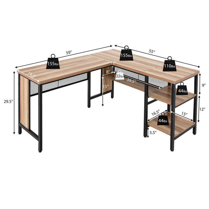 Industrial L-Shaped Corner Computer Desk Office Workstation with Storage Shelves-Natural