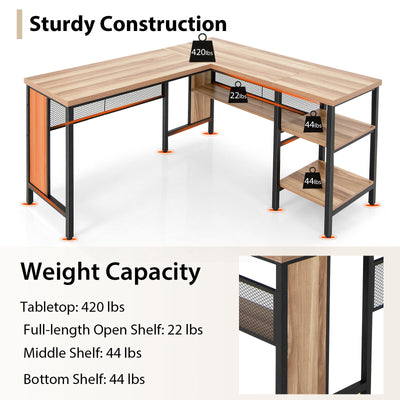 Industrial L-Shaped Corner Computer Desk Office Workstation with Storage Shelves-Natural