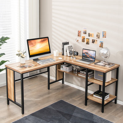 Industrial L-Shaped Corner Computer Desk Office Workstation with Storage Shelves-Natural