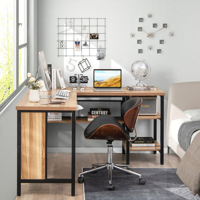 Industrial L-Shaped Corner Computer Desk Office Workstation with Storage Shelves-Natural