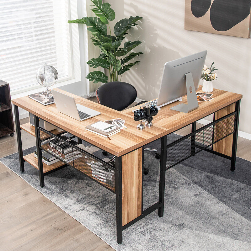 Industrial L-Shaped Corner Computer Desk Office Workstation with Storage Shelves-Natural