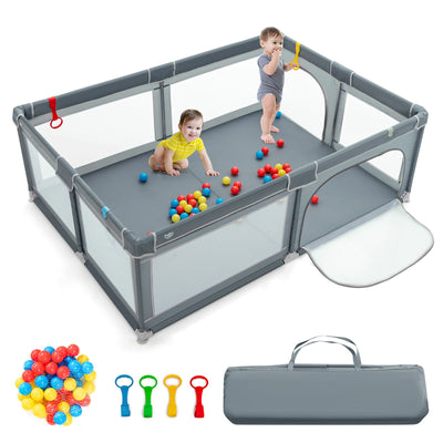 Portable Extra-Large Safety Baby Fence with Ocean Balls and Rings-Gray