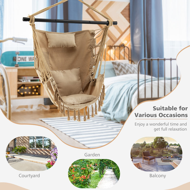 Hanging Rope Swing Chair with Soft Pillow and Cushions-Beige