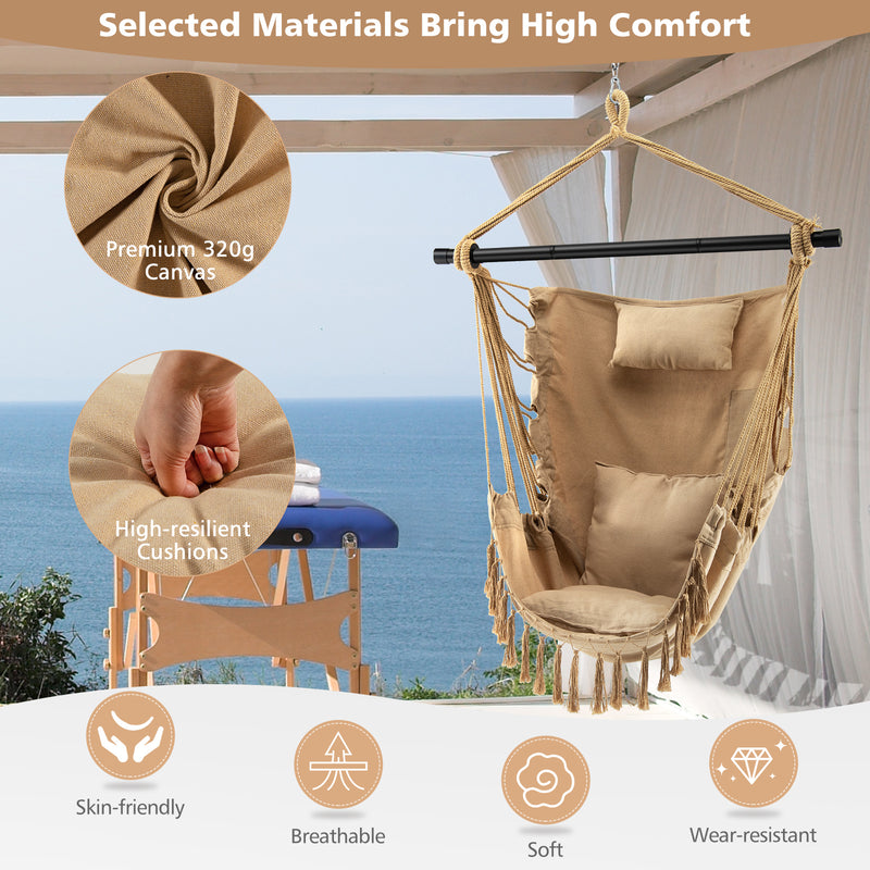 Hanging Rope Swing Chair with Soft Pillow and Cushions-Beige