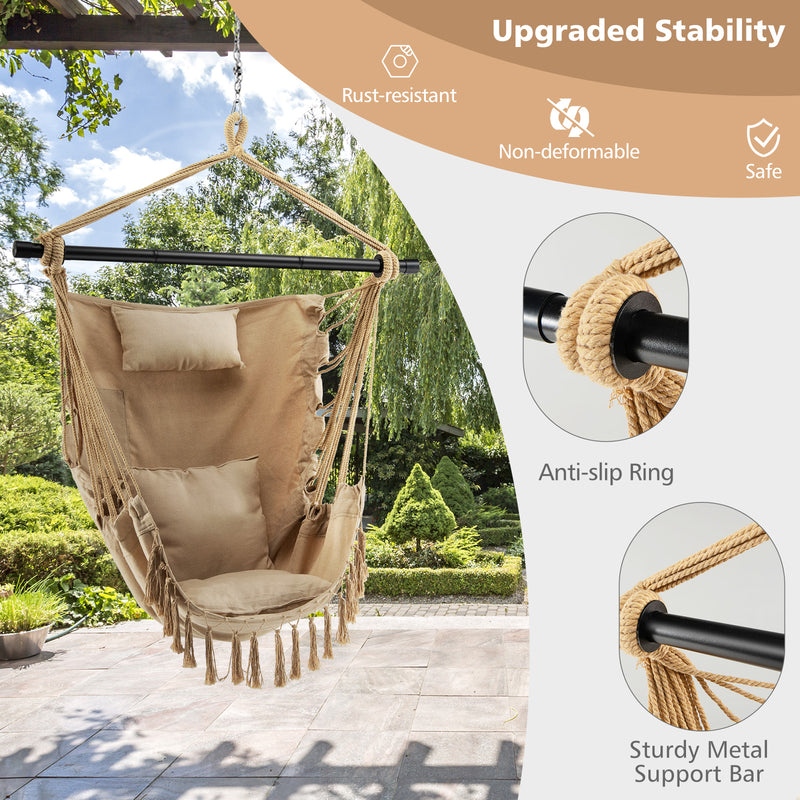 Hanging Rope Swing Chair with Soft Pillow and Cushions-Beige