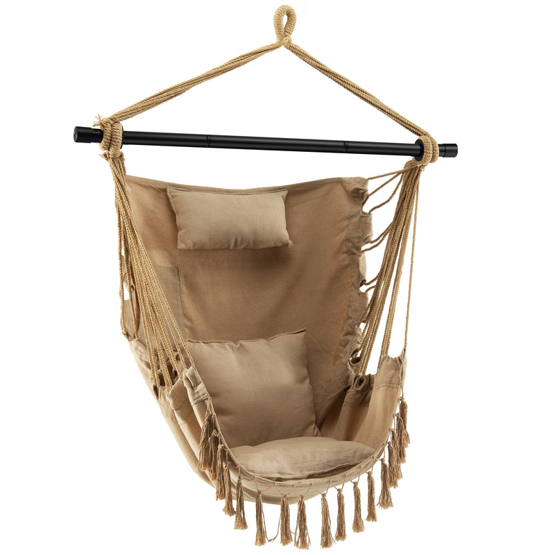 Hanging Rope Swing Chair with Soft Pillow and Cushions-Beige