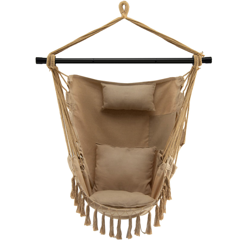 Hanging Rope Swing Chair with Soft Pillow and Cushions-Beige