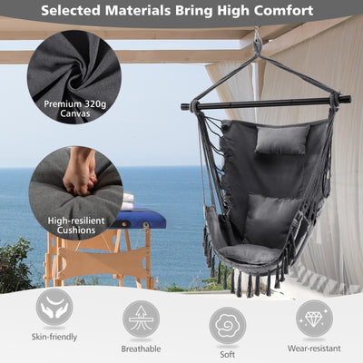 Hanging Rope Swing Chair with Soft Pillow and Cushions-Gray