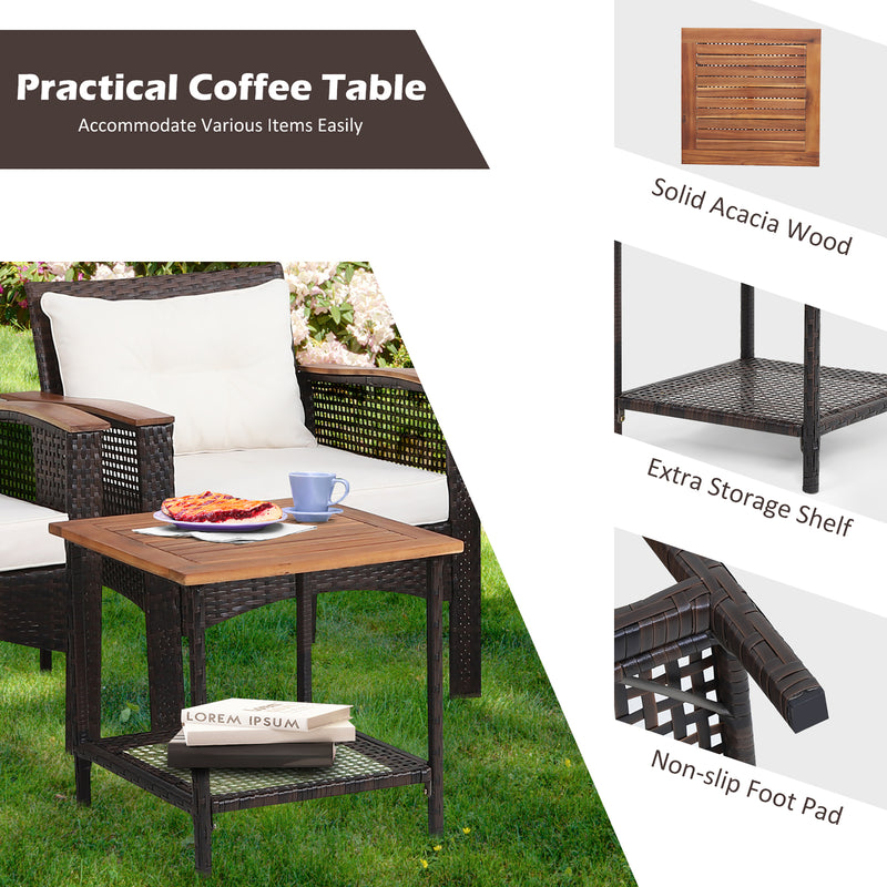 5 Pieces Patio Rattan Furniture Set with Acacia Wood Table