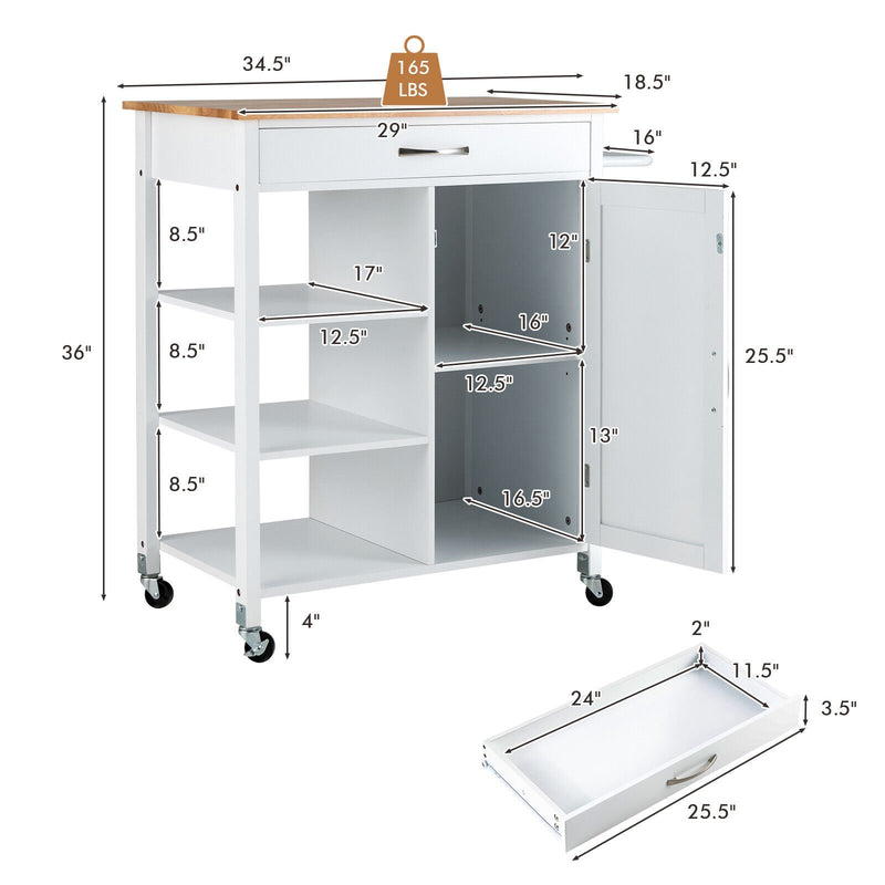 Mobile Kitchen Island Cart with Rubber Wood Top-White