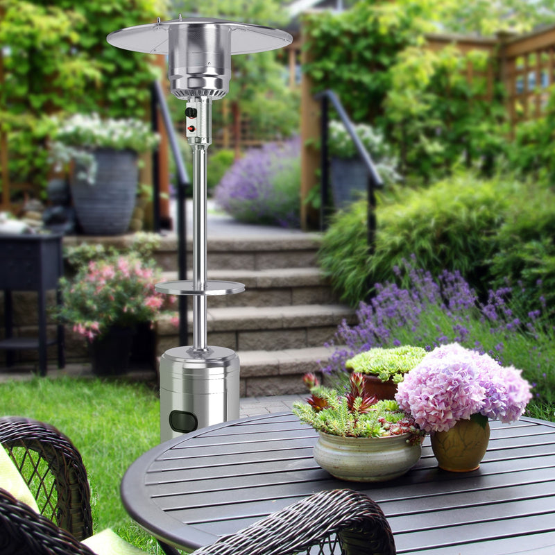 Outdoor Heater Propane Standing LP Gas Steel with Table and Wheels-Silver