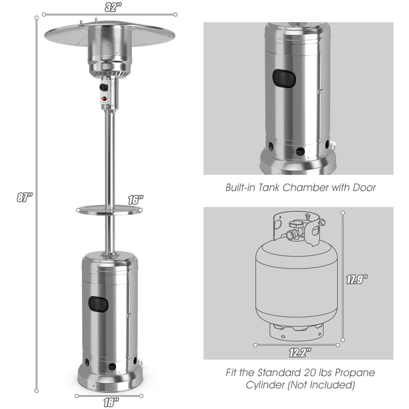 Outdoor Heater Propane Standing LP Gas Steel with Table and Wheels-Silver