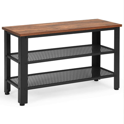 3-Tier Shoe Rack Industrial Shoe Bench with Storage Shelves-Brown