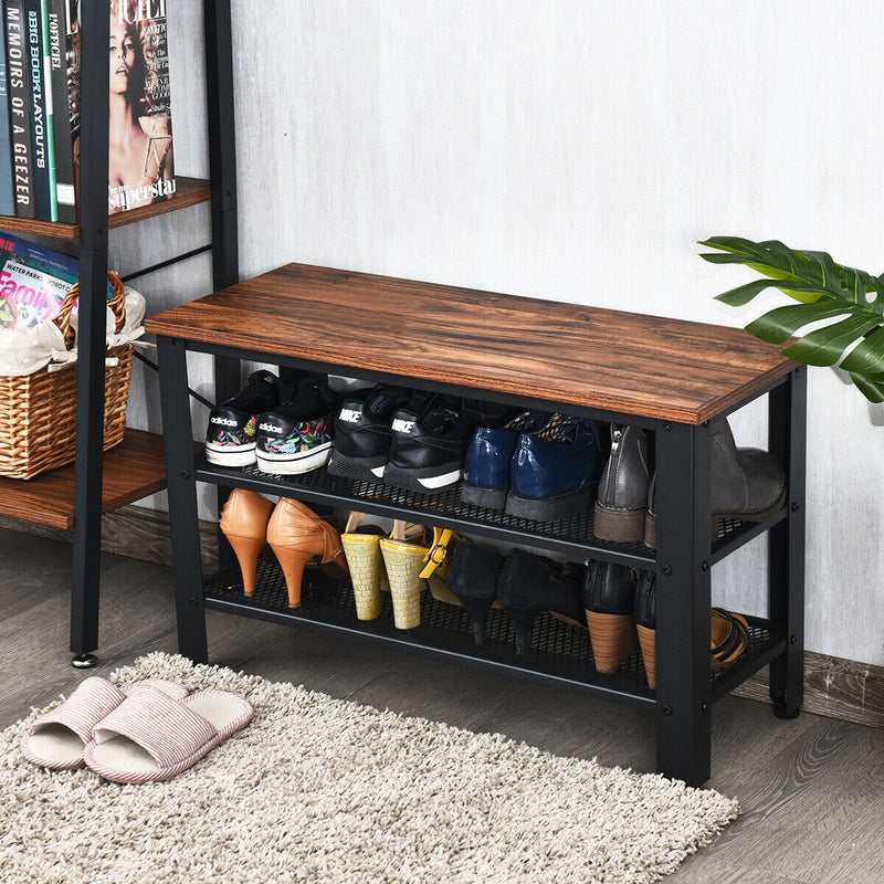 3-Tier Shoe Rack Industrial Shoe Bench with Storage Shelves-Brown