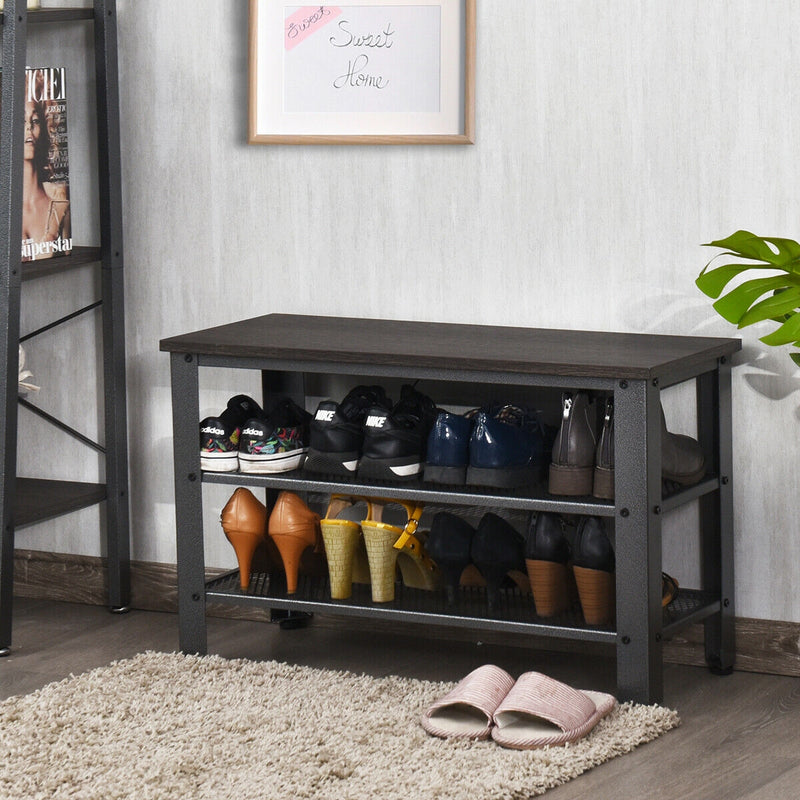 3-Tier Shoe Rack Industrial Shoe Bench with Storage Shelves-Black