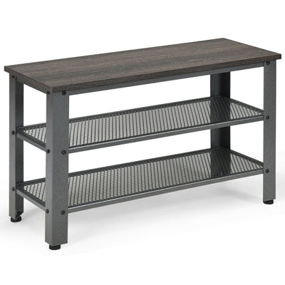 3-Tier Shoe Rack Industrial Shoe Bench with Storage Shelves-Black